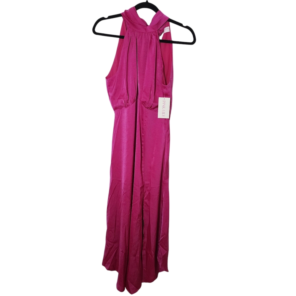 Pink Lily Pink Silk Tie Halter Side Slit Sleeveless Dress Small